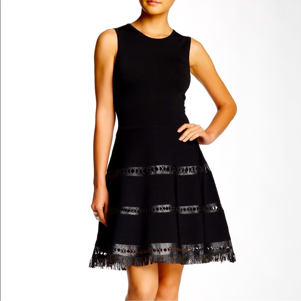 Parker little black dress A Line w/ leather trim and fringe